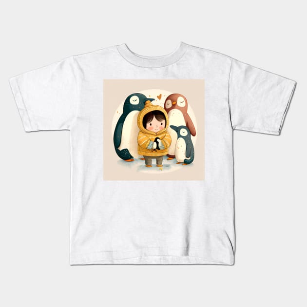 Boy and the Penguin's Penguin Day Celebration Kids T-Shirt by IstoriaDesign